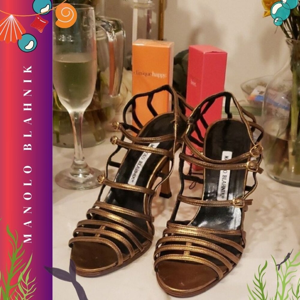 Manolo Blahnik Metallic Leather Slingback Sandals + Dust Bag.